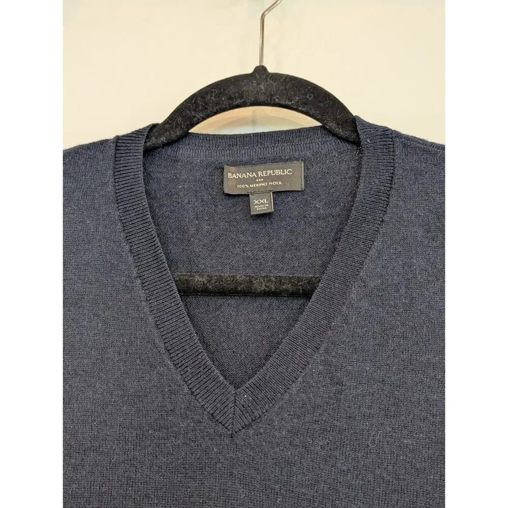 Banana Republic Men's 2XL Navy Blue Merino Wool V-Neck Sweater Pullover EUC